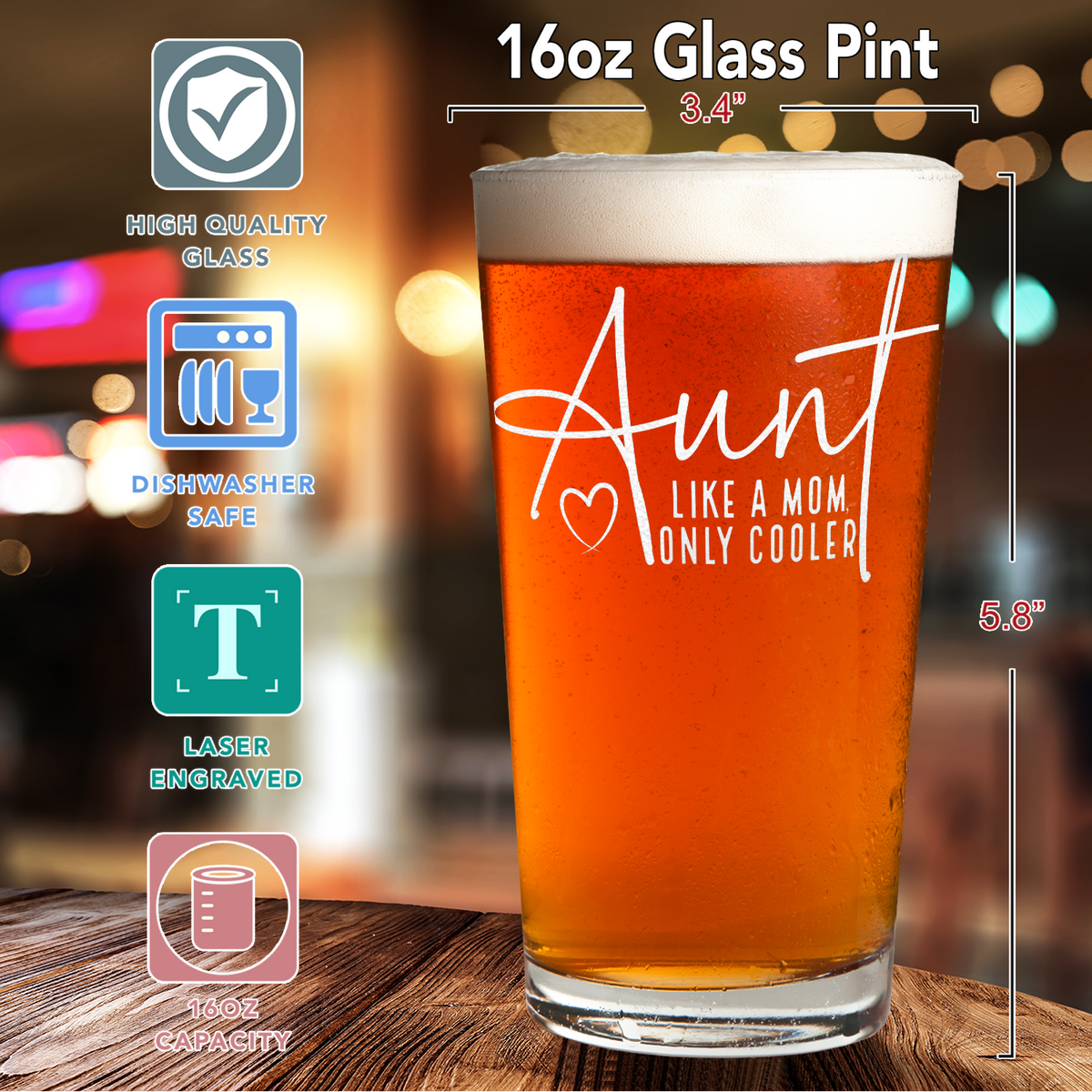 Aunt Like Mom Only Cooler Engraved on 16oz Beer Pint Glass