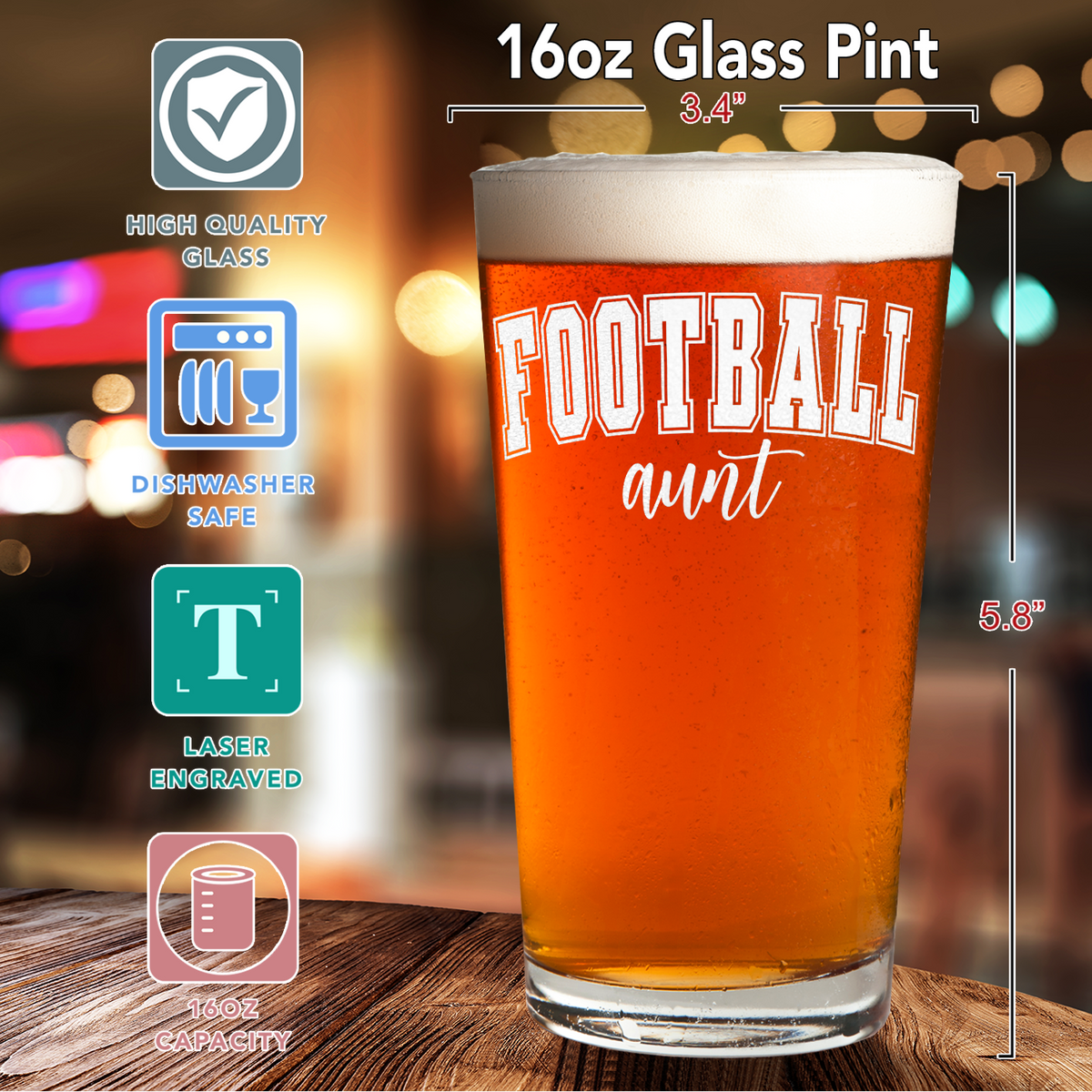 Football Aunt 16oz Beer Pint Glass