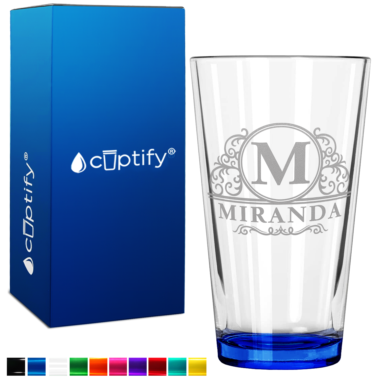 Personalized Elaborate Circle Etched 16oz Blue Bottom Beer Pint Glass