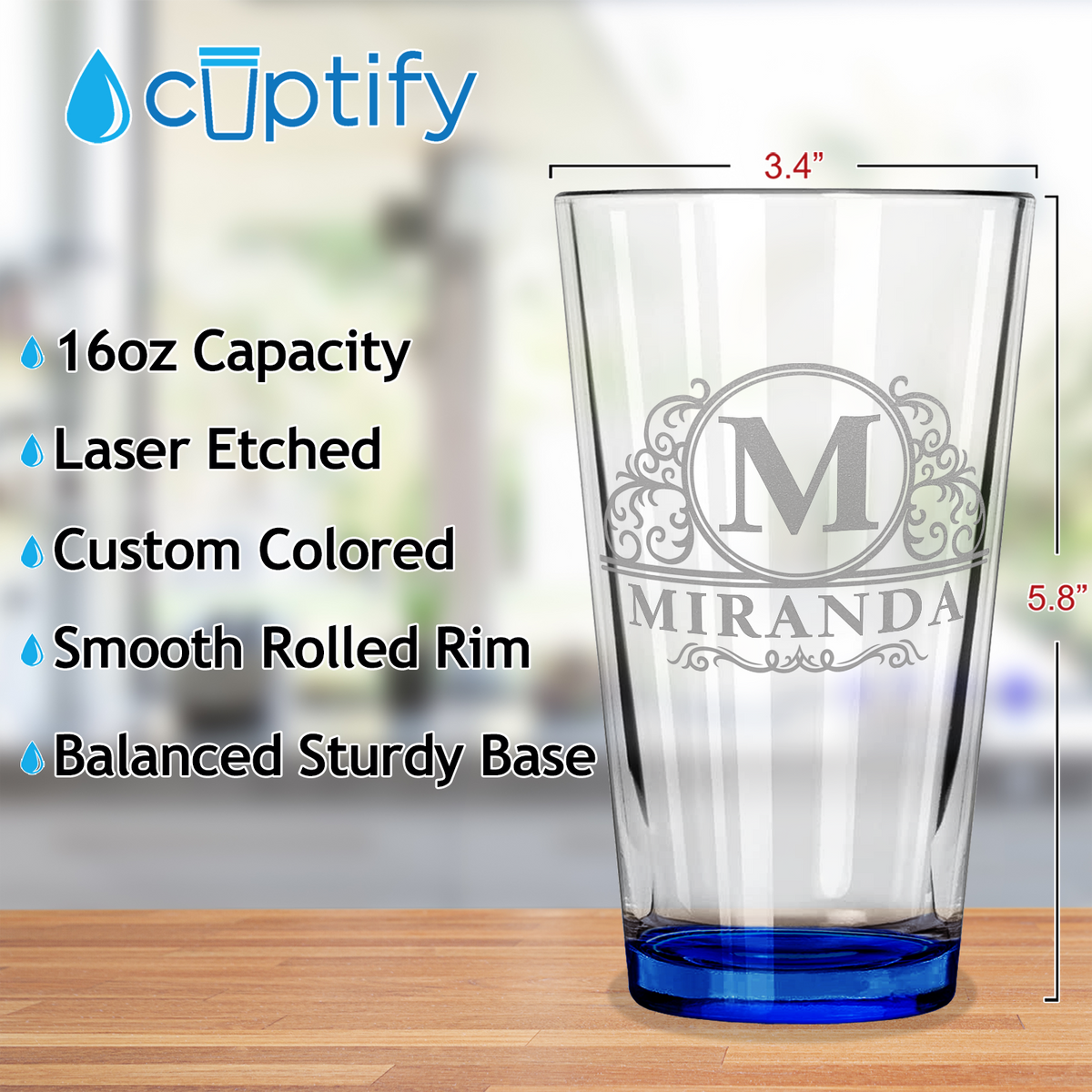 Personalized Elaborate Circle Etched 16oz Blue Bottom Beer Pint Glass