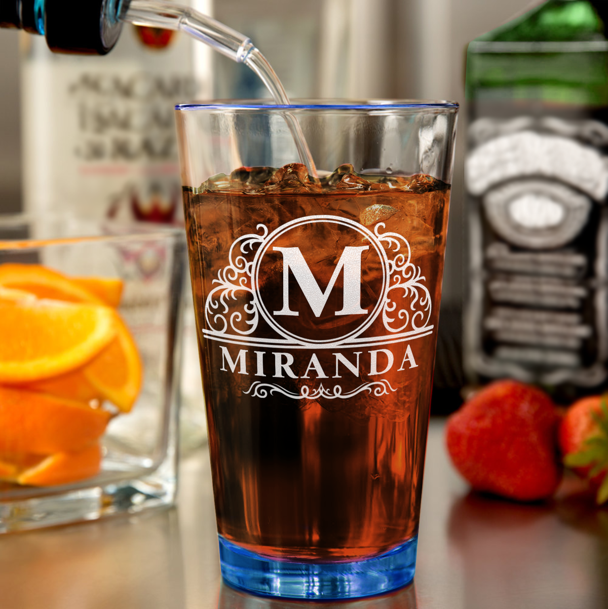 Personalized Elaborate Circle Etched 16oz Blue Bottom Beer Pint Glass