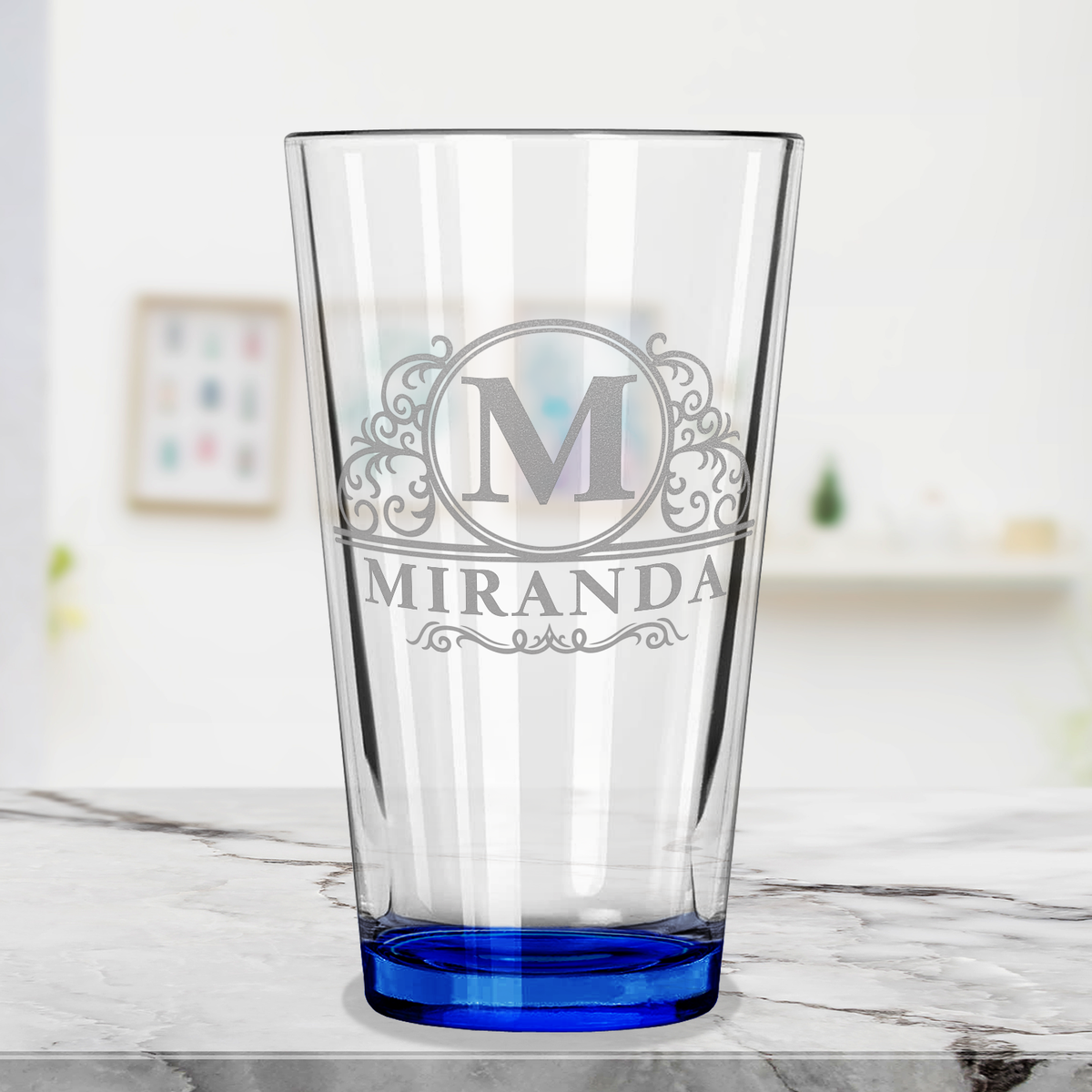 Personalized Elaborate Circle Etched 16oz Blue Bottom Beer Pint Glass