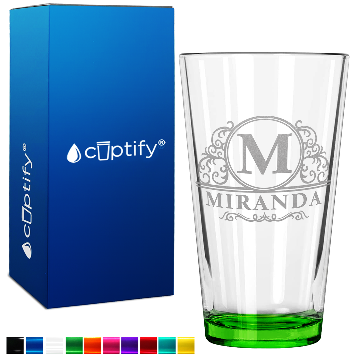 Personalized Elaborate Circle Etched 16oz Green Bottom Beer Pint Glass