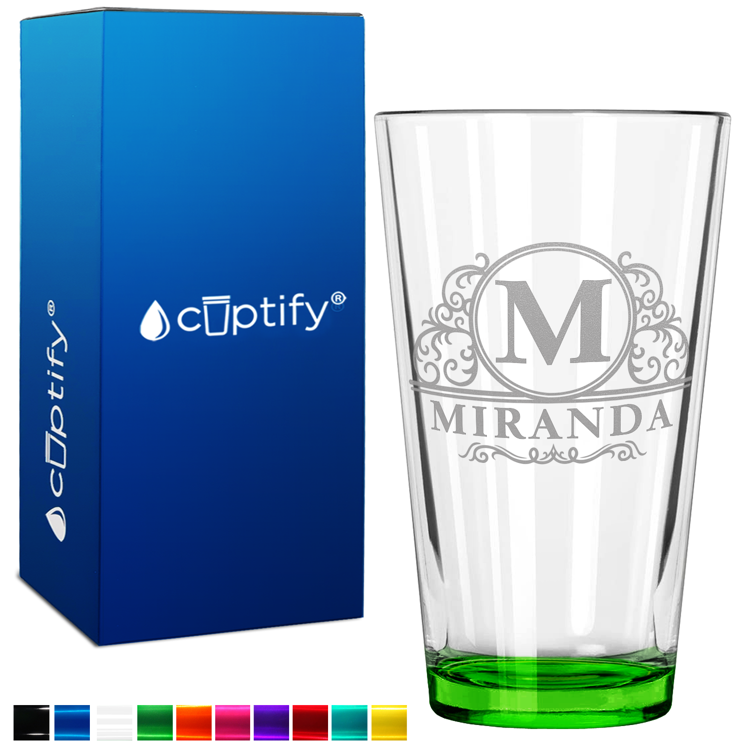 Personalized Elaborate Circle Etched 16oz Green Bottom Beer Pint Glass