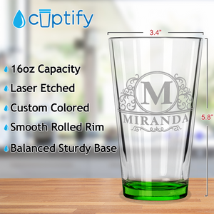 Personalized Elaborate Circle Etched 16oz Green Bottom Beer Pint Glass