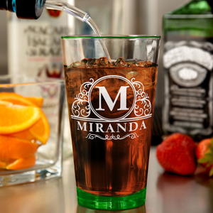 Personalized Elaborate Circle Etched 16oz Green Bottom Beer Pint Glass