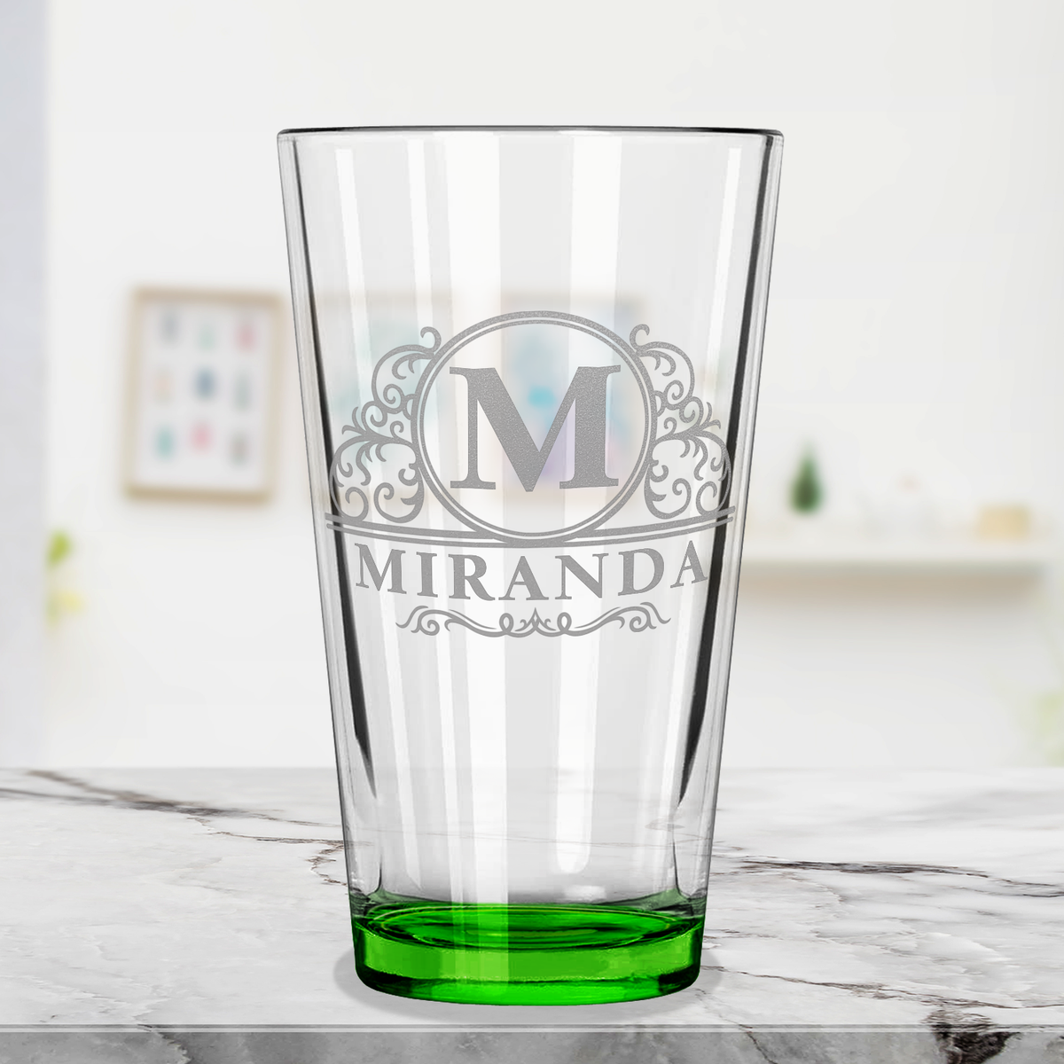 Personalized Elaborate Circle Etched 16oz Green Bottom Beer Pint Glass