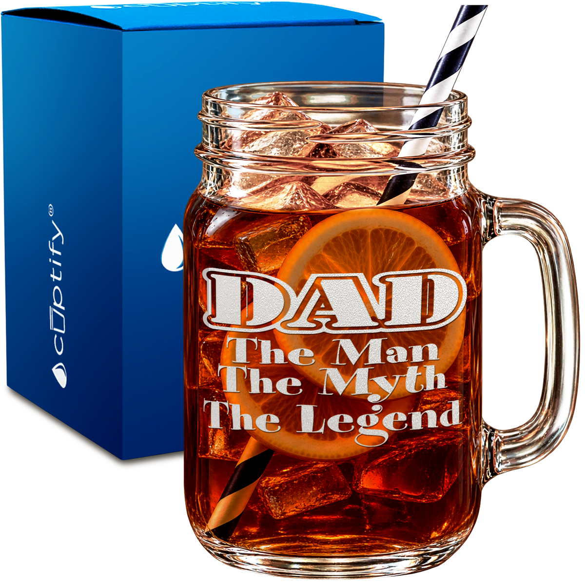 Dad The Man Myth Legend design on 16oz Mason Jar Glass