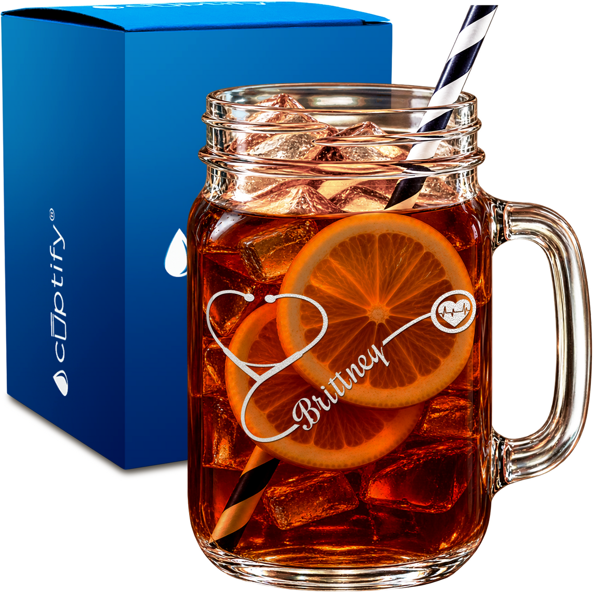 Personalized Nurse Heart Stethoscope design on 16oz Mason Jar Glass