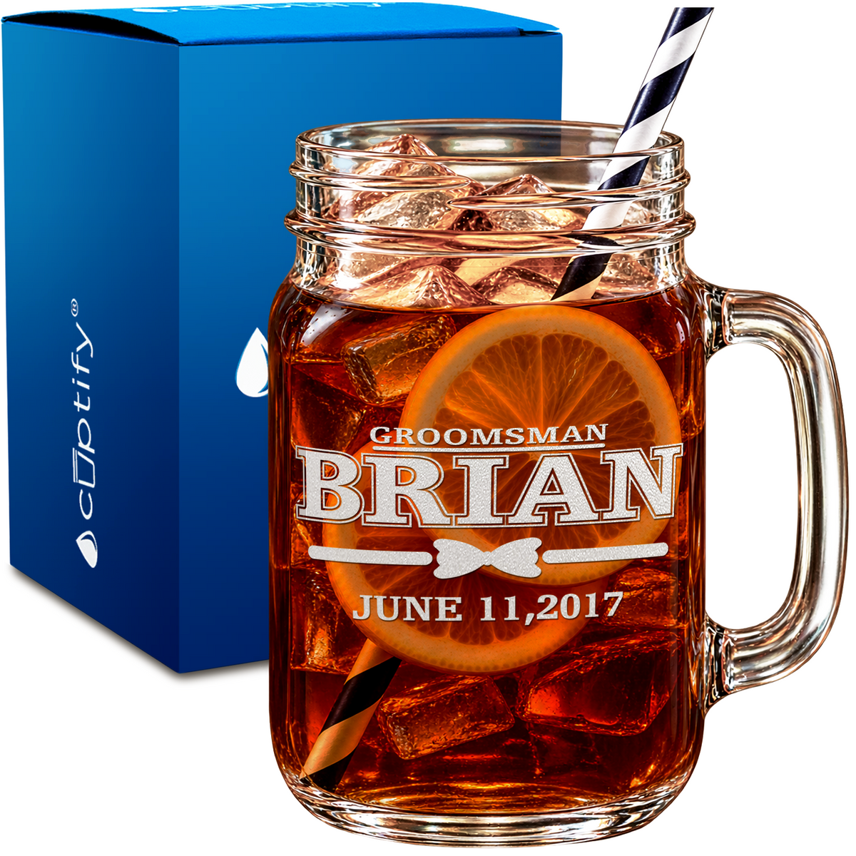 Personalized Dated Bow Tie Groomsman design on 16oz Mason Jar Glass