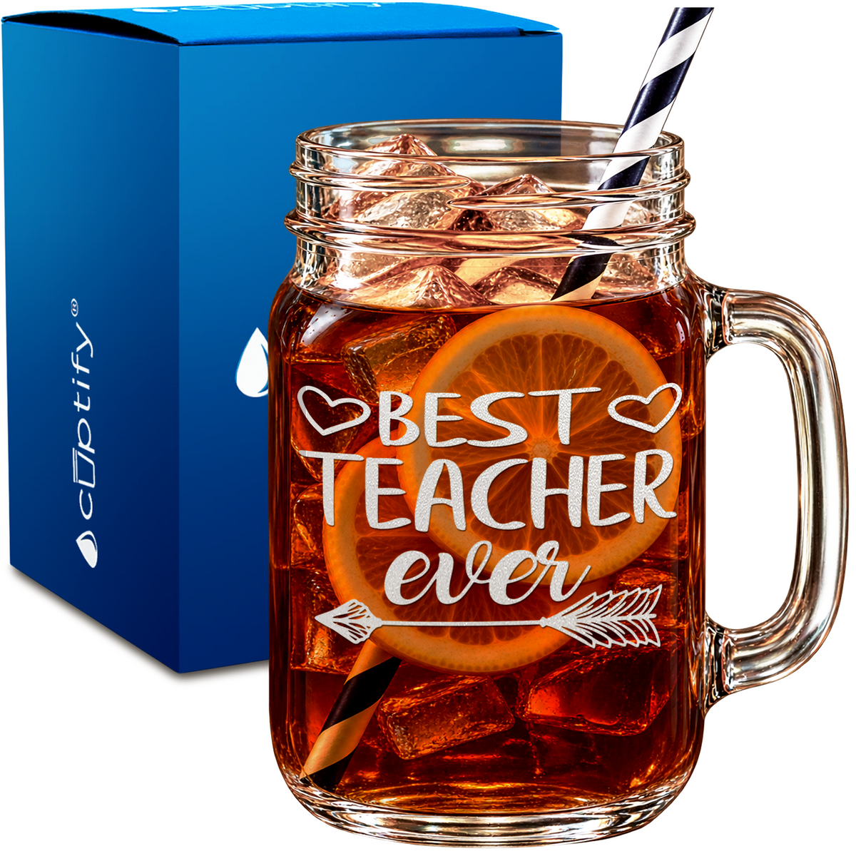 Best Teacher Ever Arrow design on 16oz Mason Jar Glass