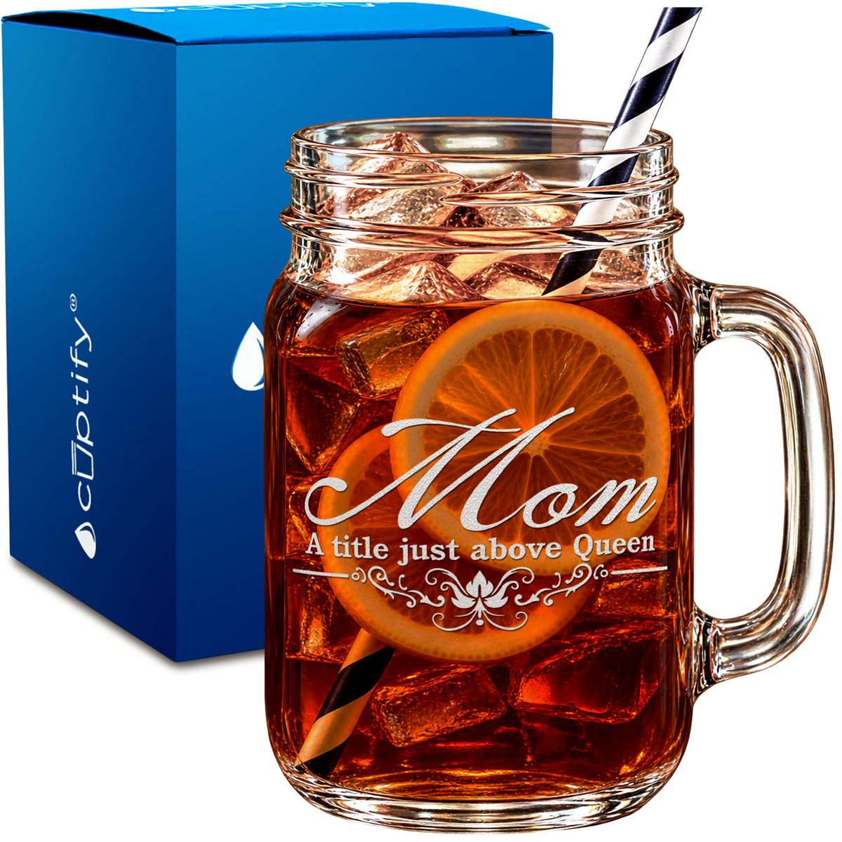 Mom a Title Just above Queen design on 16oz Mason Jar Glass