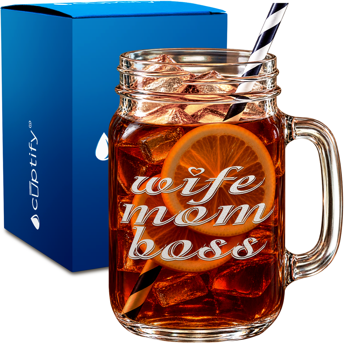Wife Mom Boss design on 16oz Mason Jar Glass