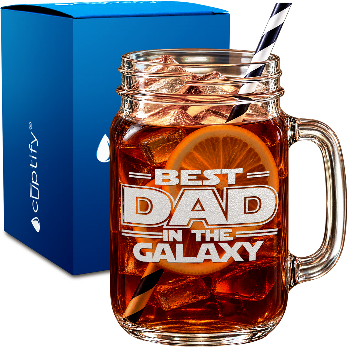 Best Dad in the Galaxy design on 16oz Mason Jar Glass