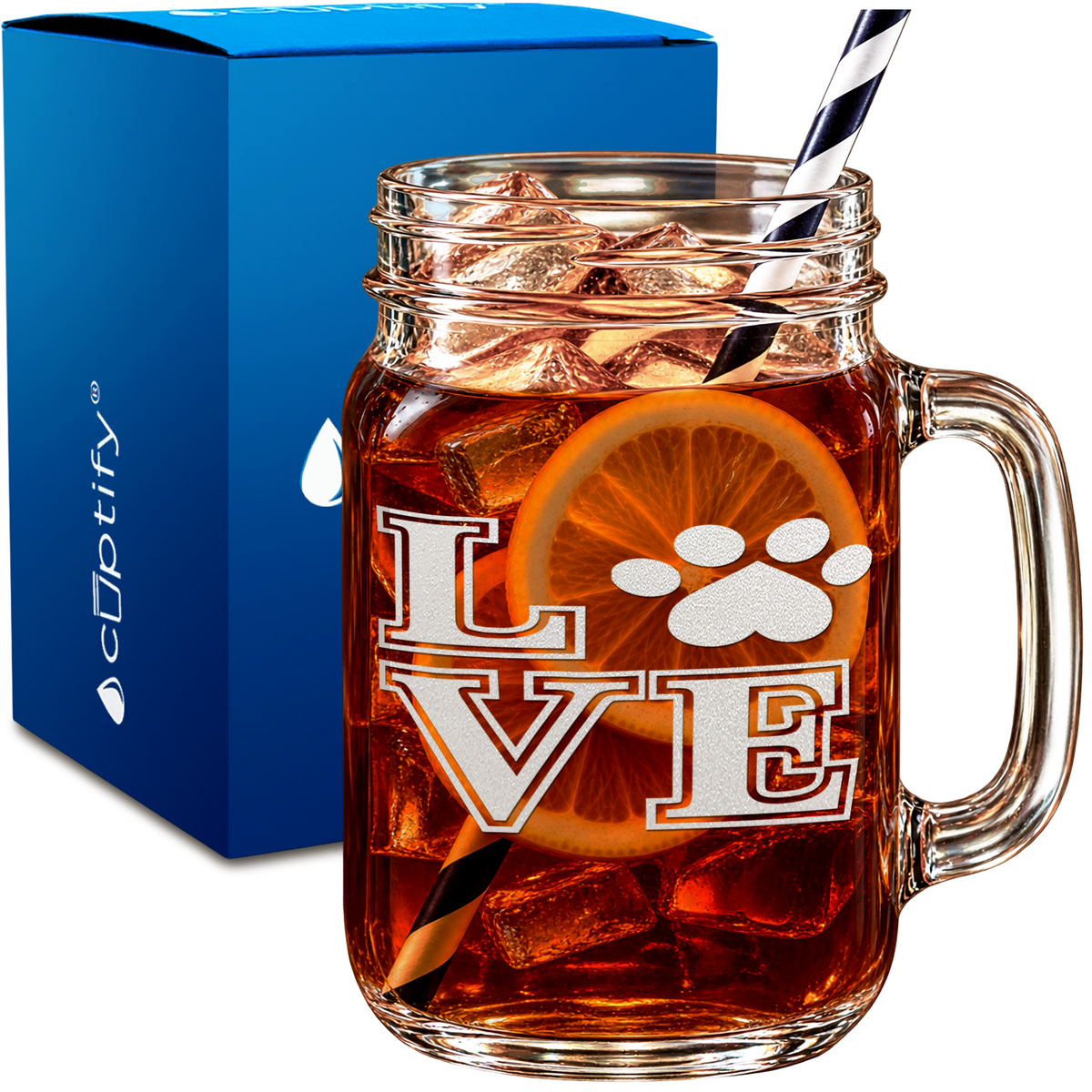 Love Dogs Paw Print design on 16oz Mason Jar Glass