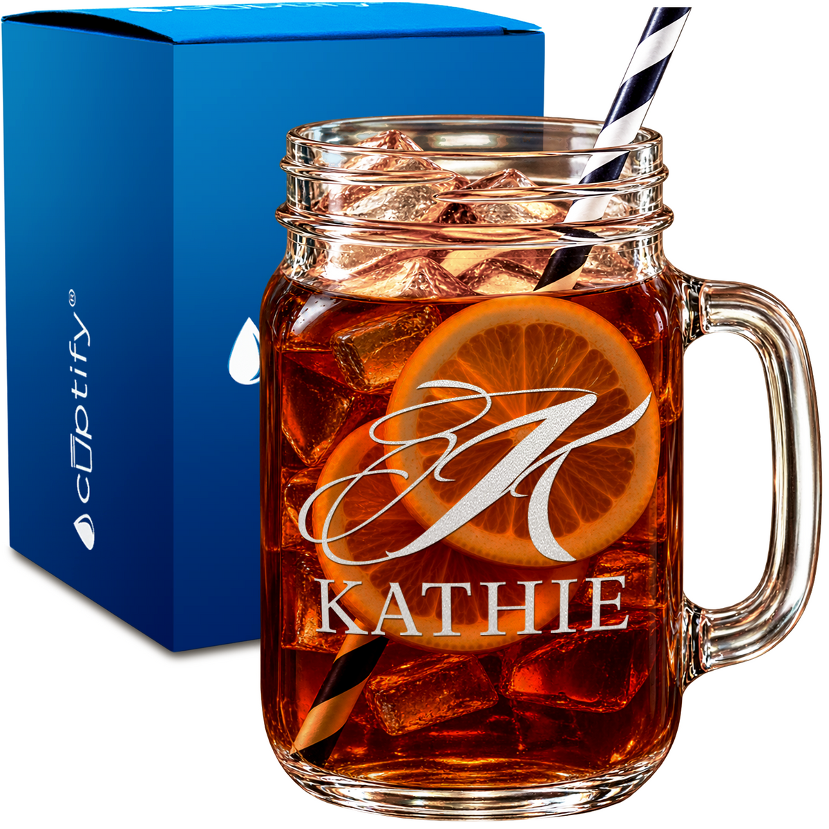 Script Monogram Initial and Name design on 16oz Mason Jar Glass