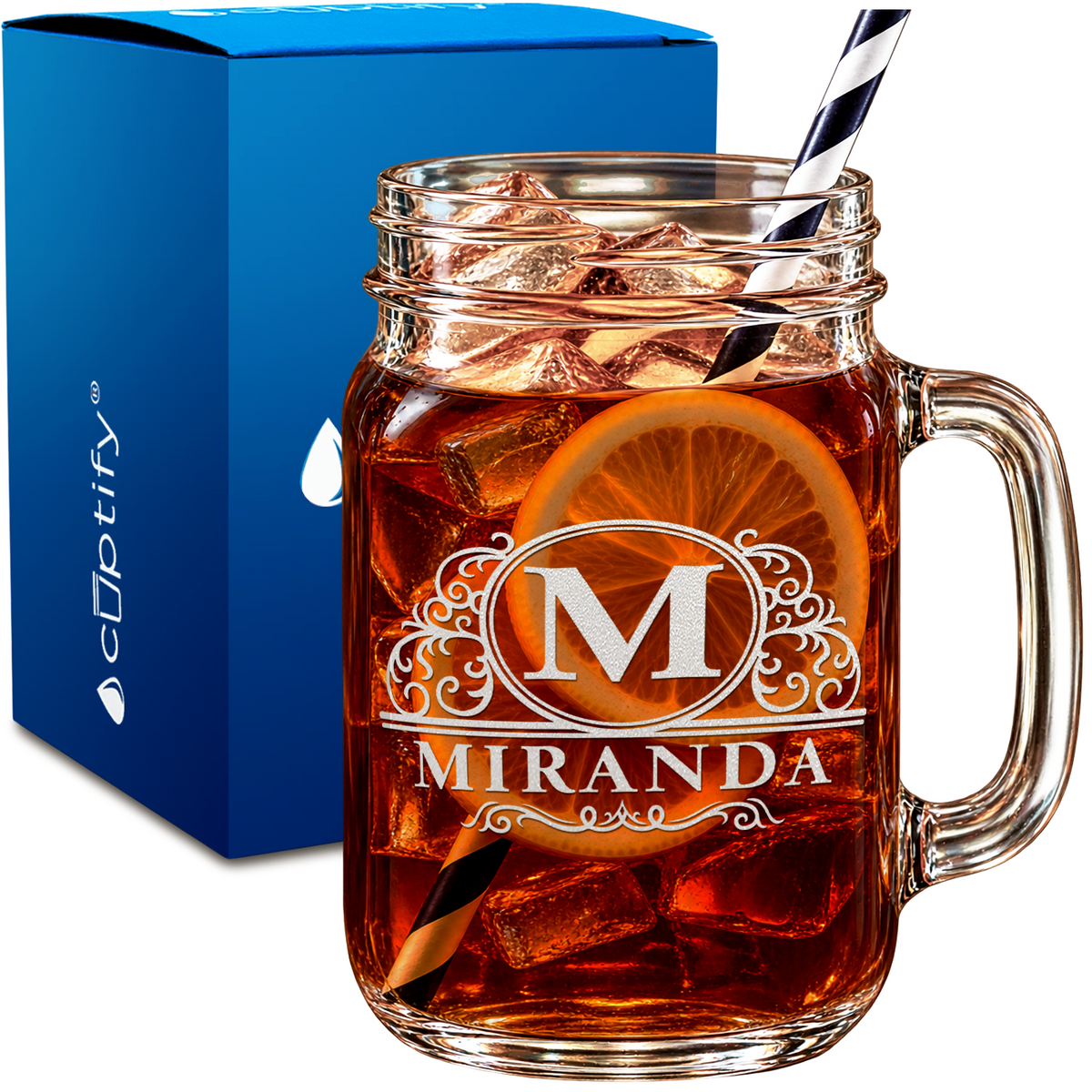 Elaborate Circle Monogram design on 16oz Mason Jar Glass