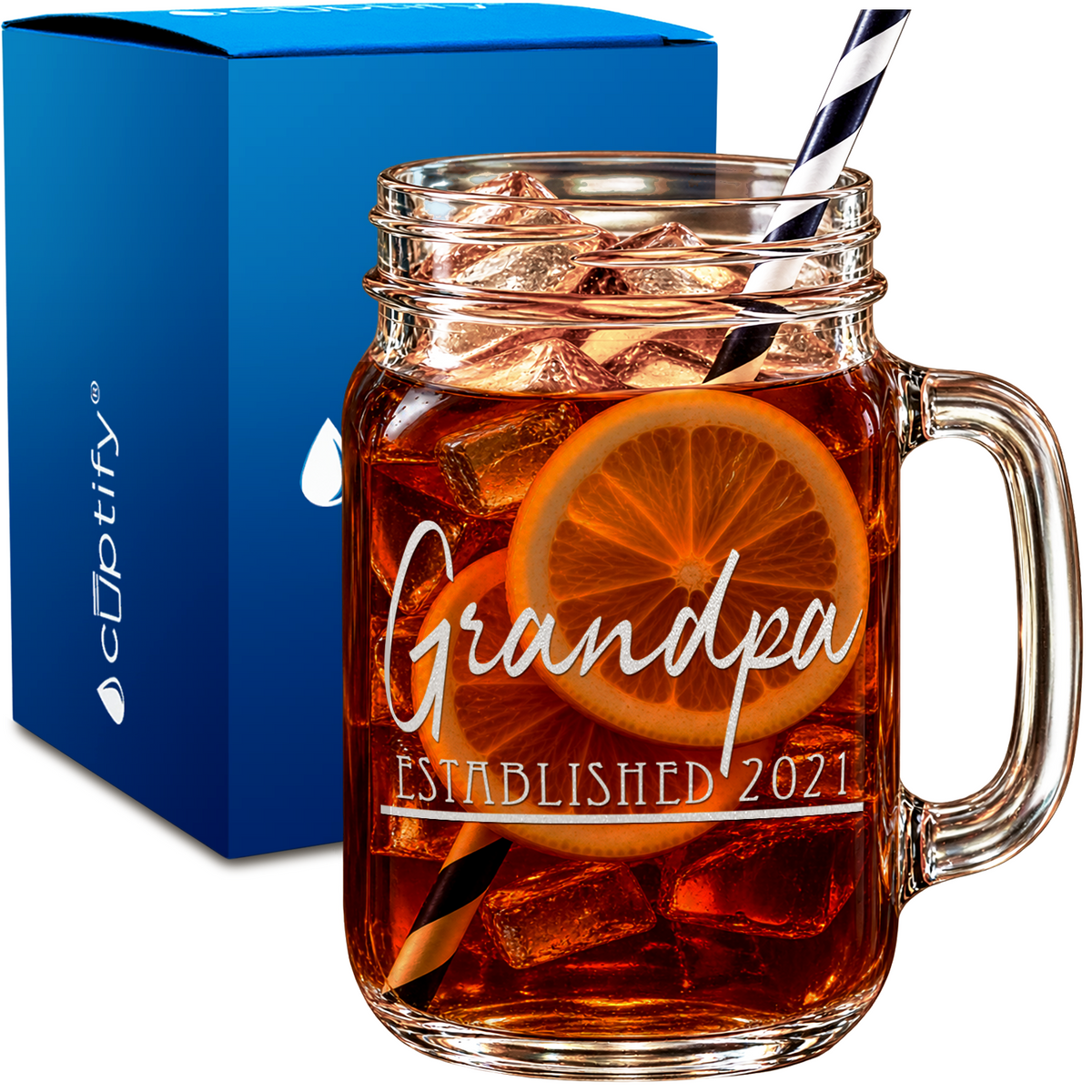 Grandpa Established Customized design on 16oz Mason Jar Glass