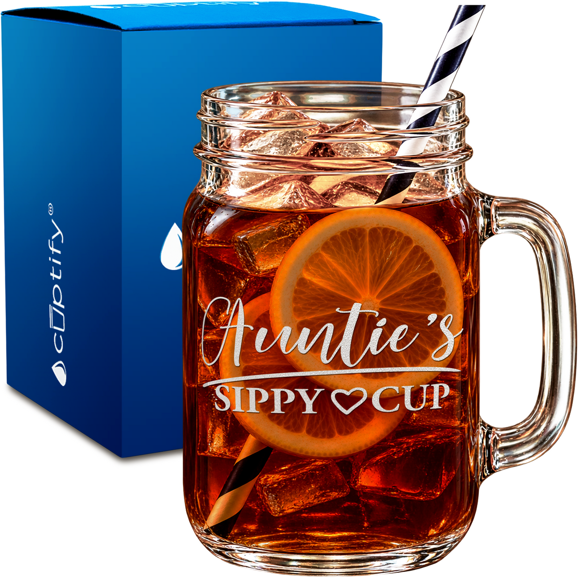 Auntie's Sippy Cup design on 16oz Mason Jar Glass