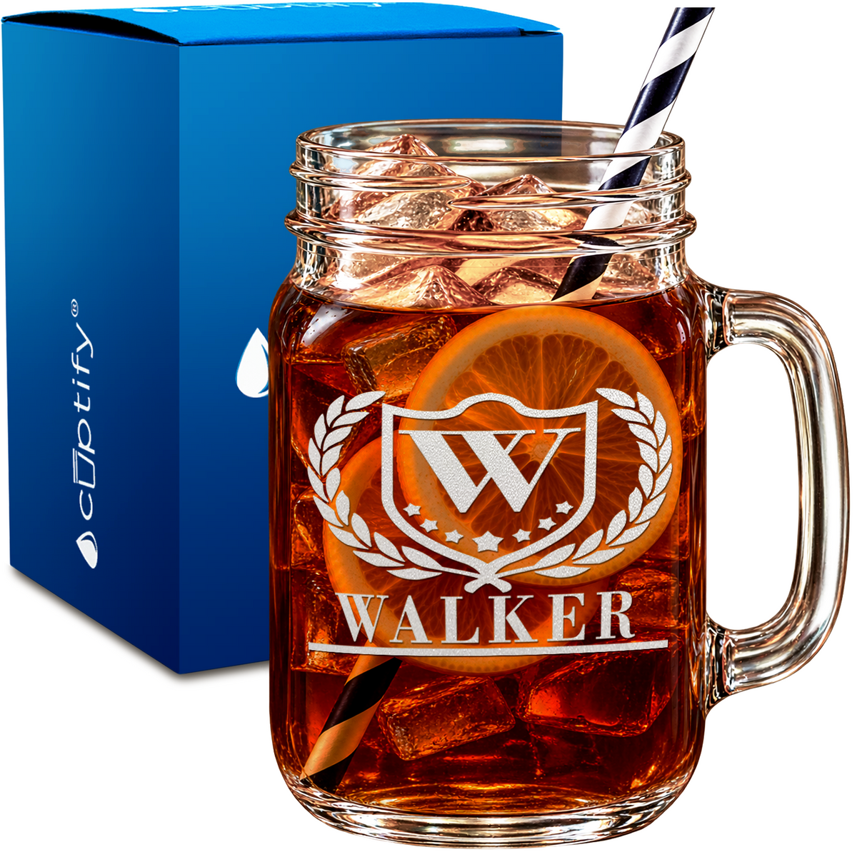 Personalized Laurel Monogram Initial & Name design on 16oz Mason Jar Glass