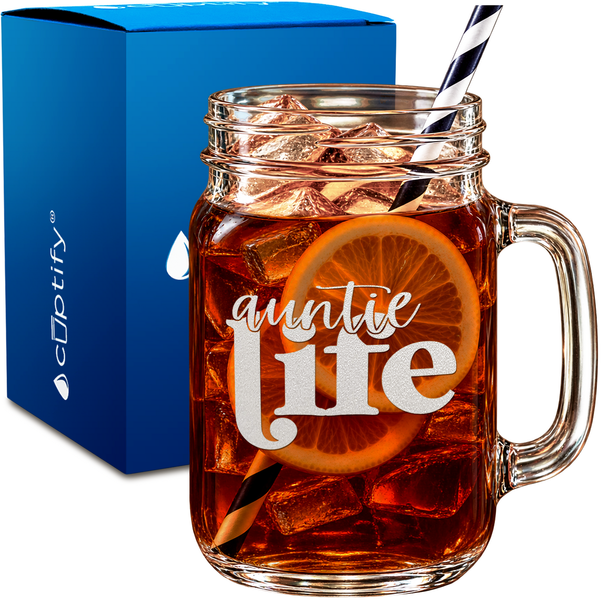 Auntie Life design on 16oz Mason Jar Glass