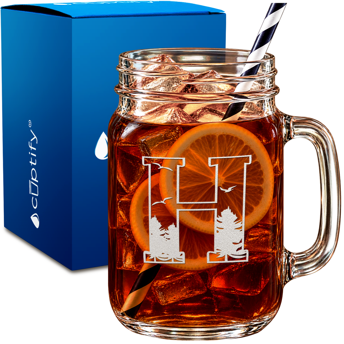 Monogram Forest Initial Letter design on 16oz Mason Jar Glass