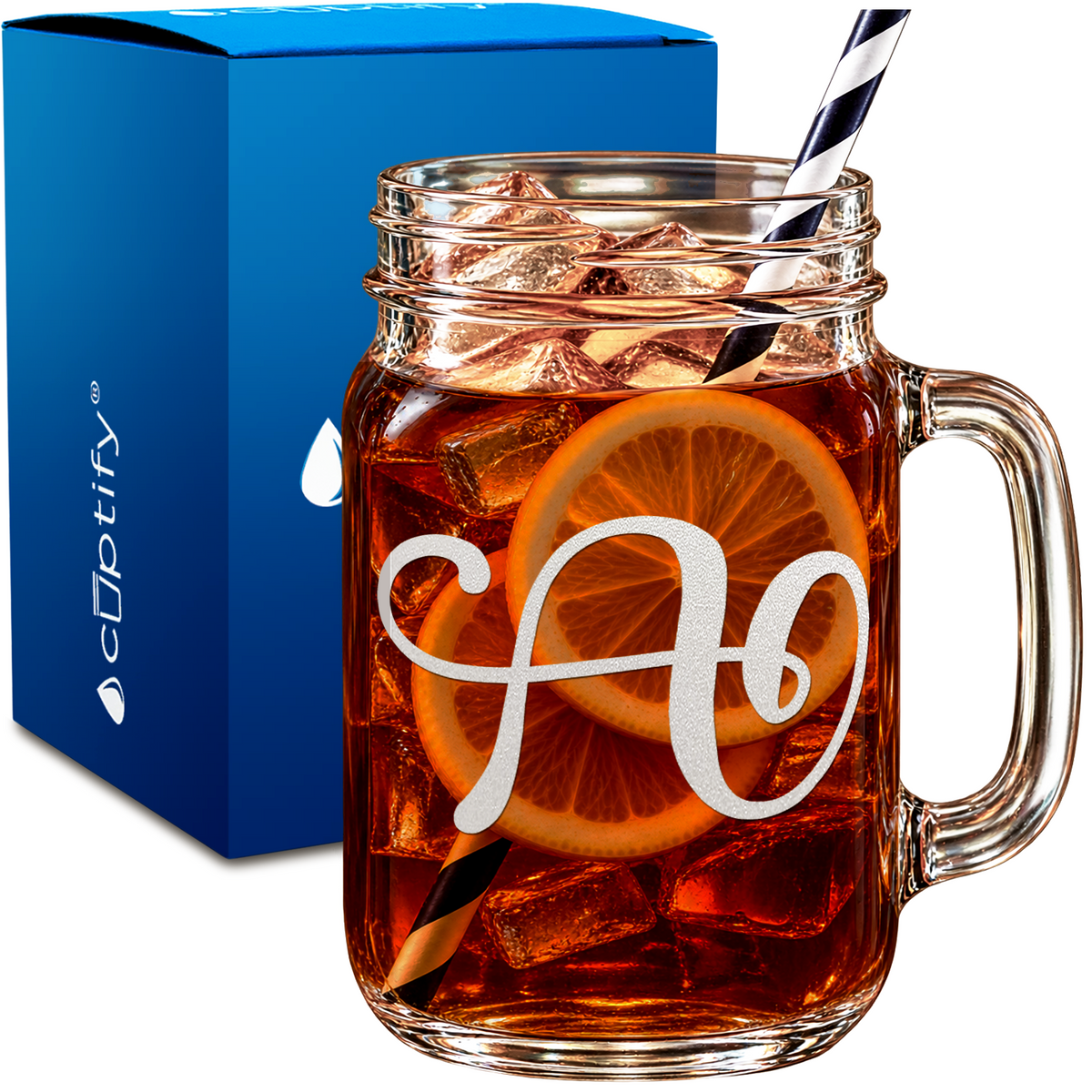 Monogram Curly Initial Letter design on 16oz Mason Jar Glass