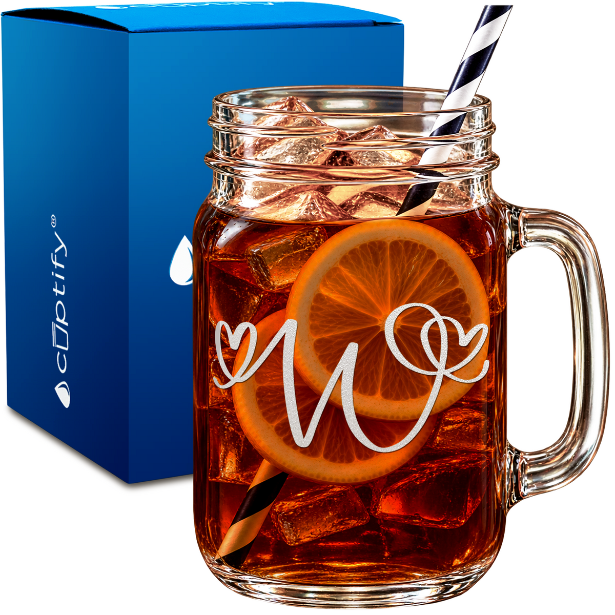 Monogram Hearts Initial Letter design on 16oz Mason Jar Glass
