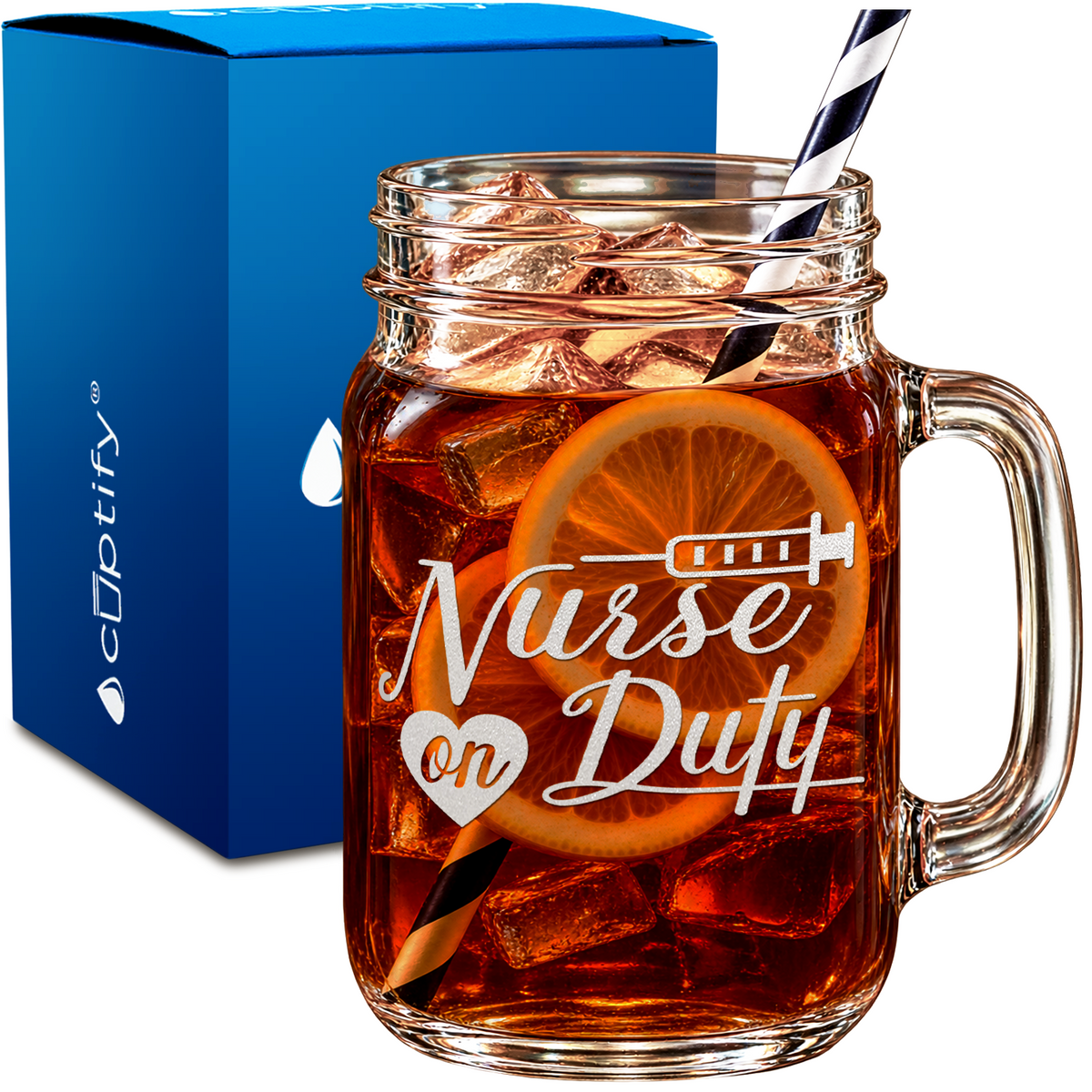 Nurse on Duty design on 16oz Mason Jar Glass