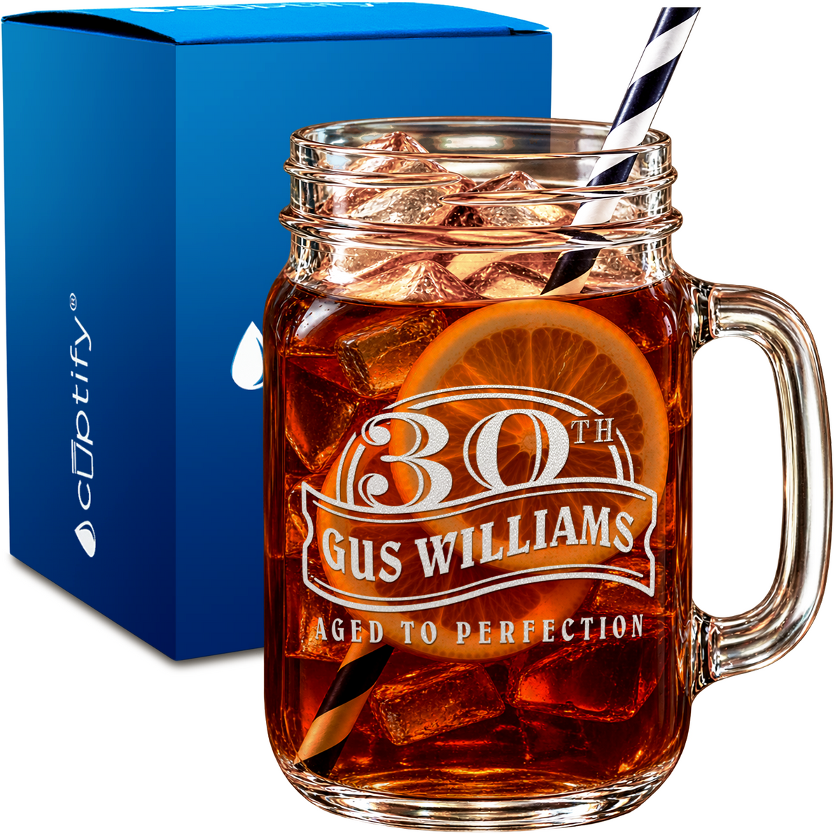 30th Aged to Perfection Birthday design on 16oz Mason Jar Glass