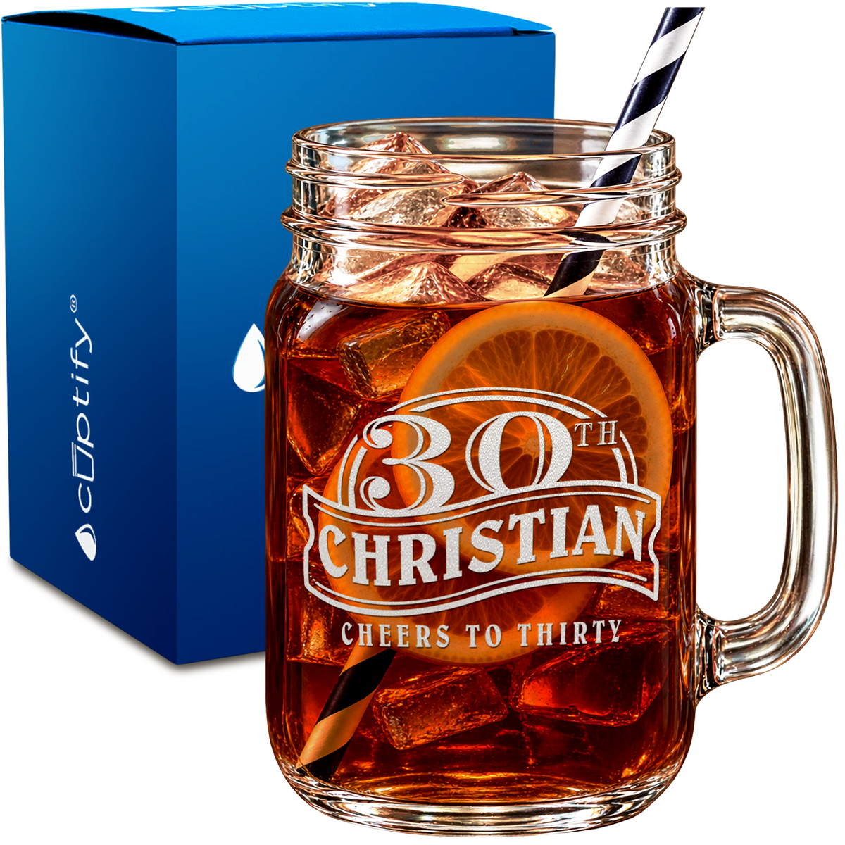 Cheers to Thirty Birthday design on 16oz Mason Jar Glass