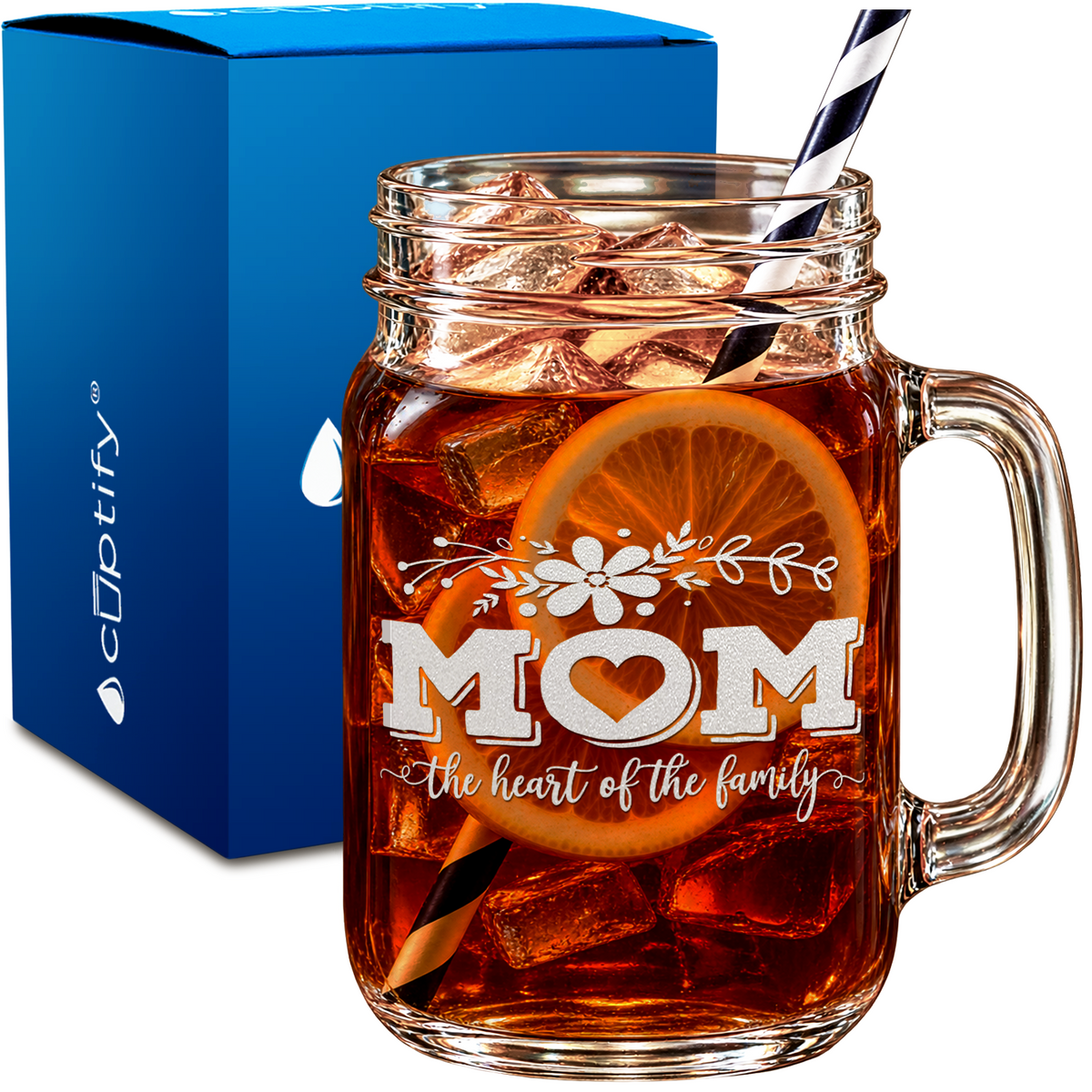 Mom the Heart of the Family design on 16oz Mason Jar Glass