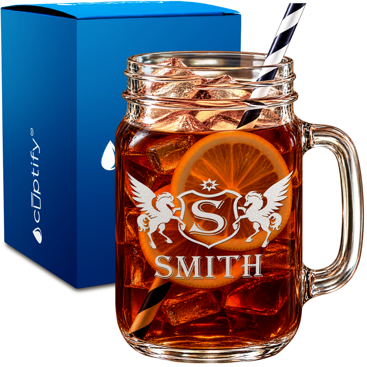 Personalized Celestial Pegasus Monogram design on 16oz Mason Jar Glass
