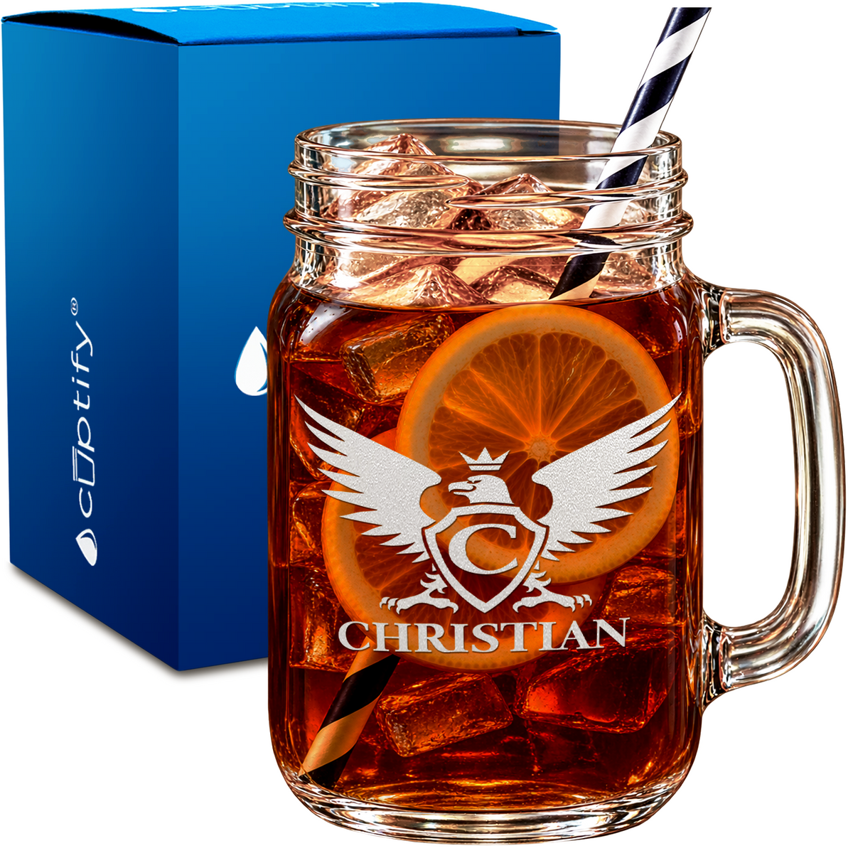 Personalized Eagle Crest Monogram design on 16oz Mason Jar Glass