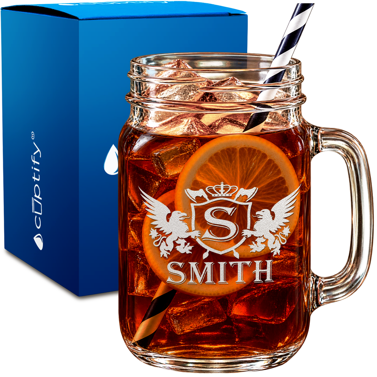 Personalized Griffin Family Coat of Arms design on 16oz Mason Jar Glass