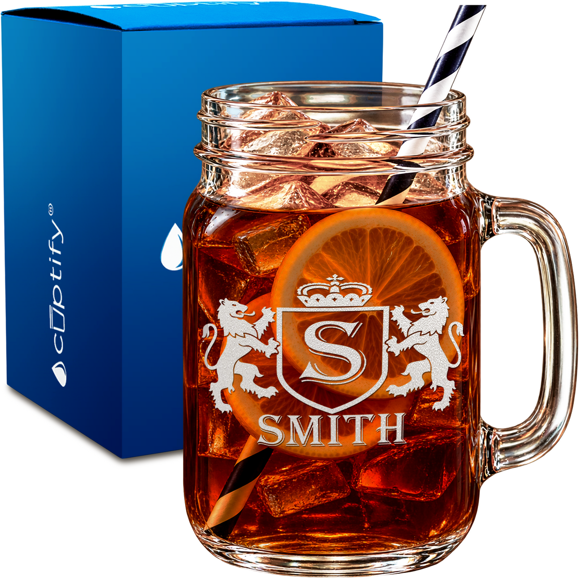 Personalized Heraldic Lions Shield Monogram design on 16oz Mason Jar Glass
