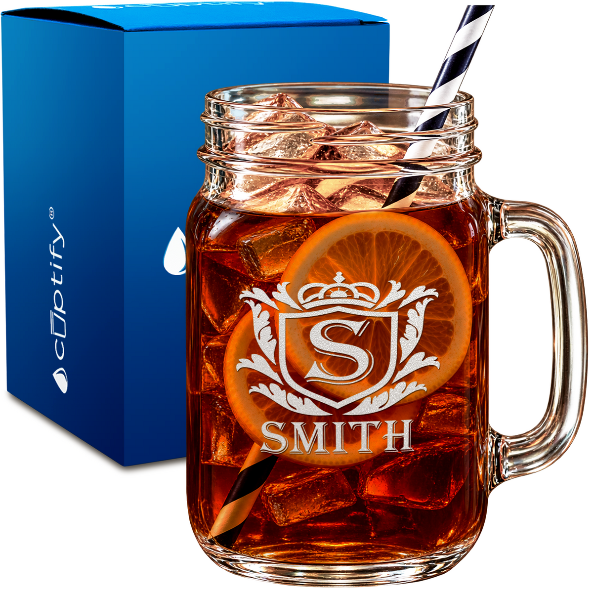Personalized Monogram Shield Crest design on 16oz Mason Jar Glass