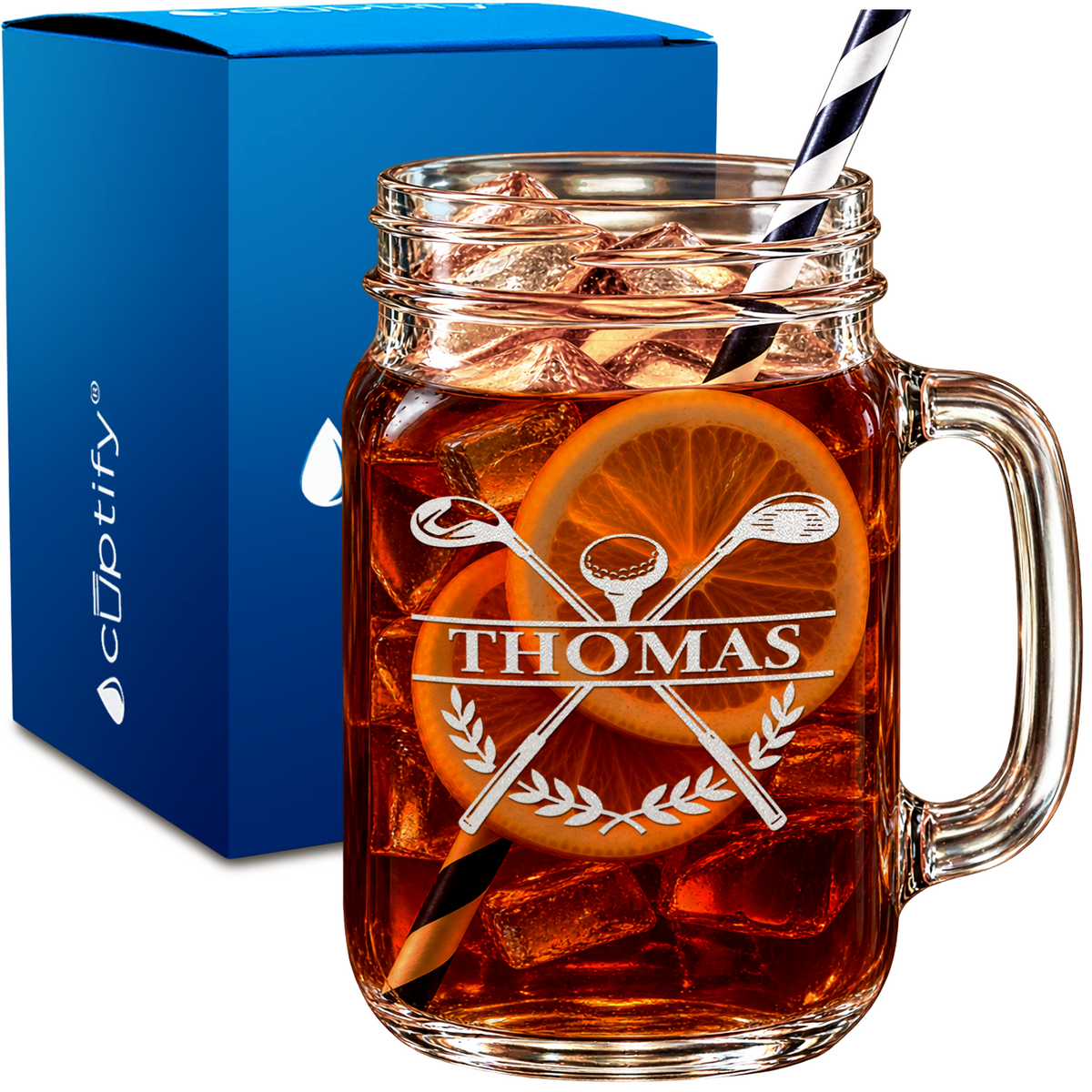 Split Golf Clubs Monogram design on 16oz Mason Jar Glass