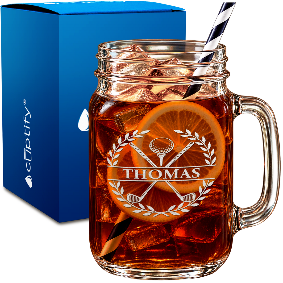 Golf Clubs and Ball Monogram design on 16oz Mason Jar Glass