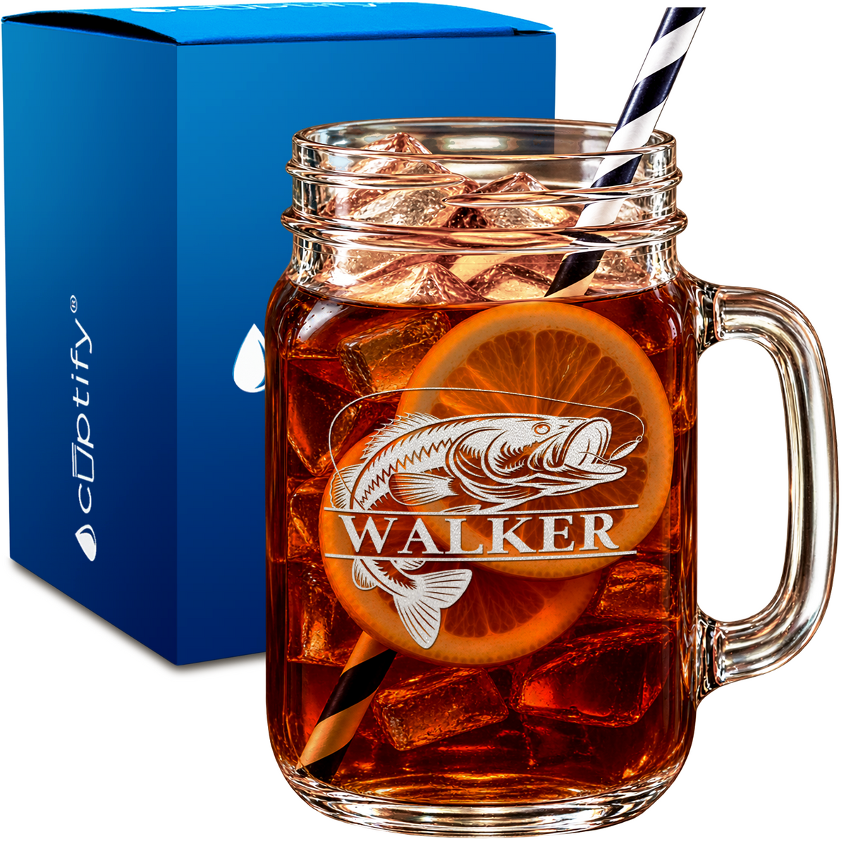 Bass Fishing Monogram design on 16oz Mason Jar Glass