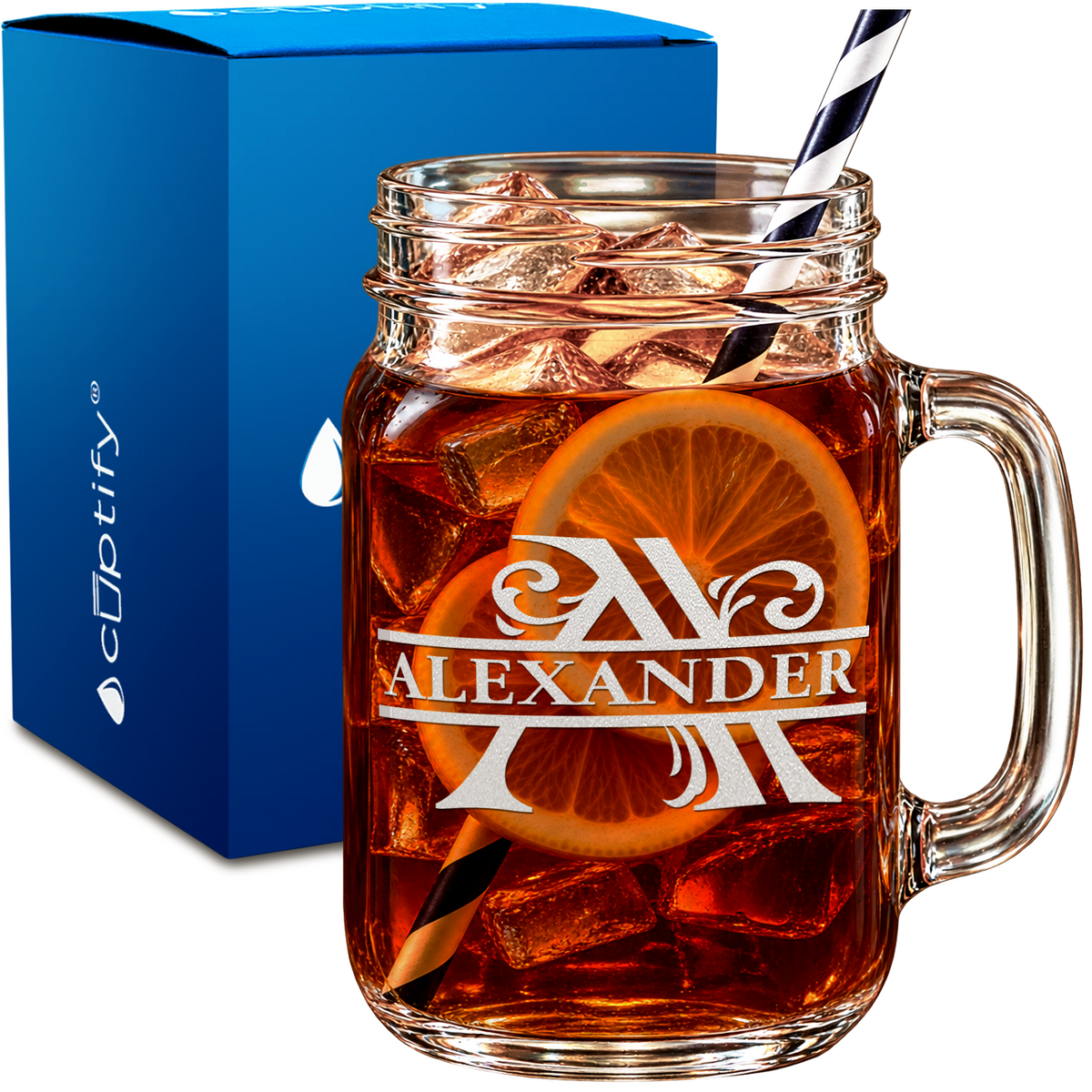 Scrollwork Split Monogram design on 16oz Mason Jar Glass