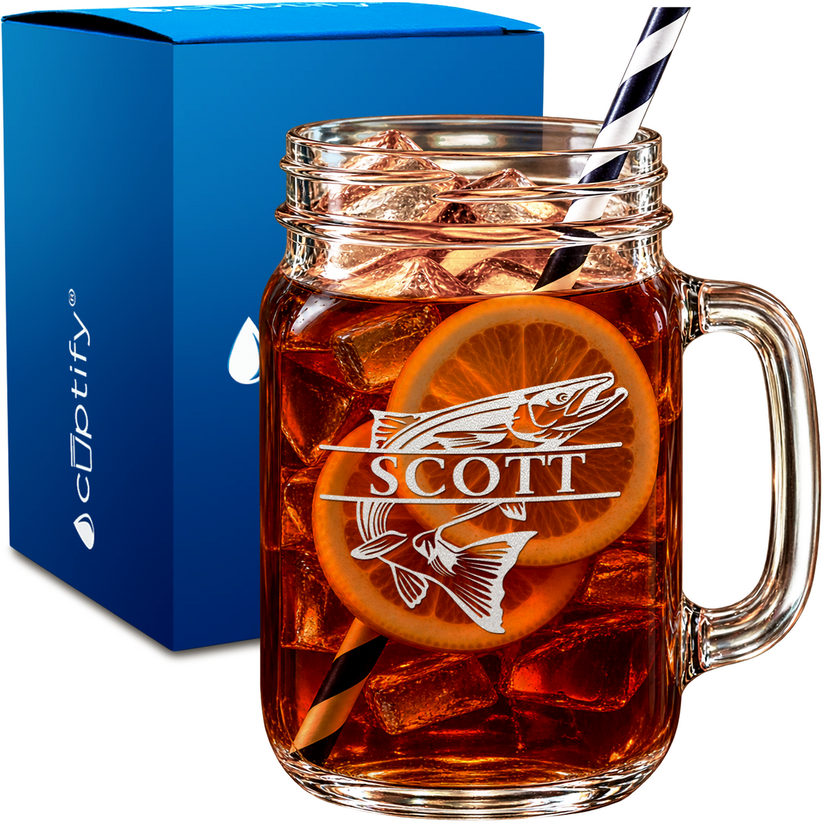 Personalized Hooked Catch Banner design on 16oz Mason Jar Glass