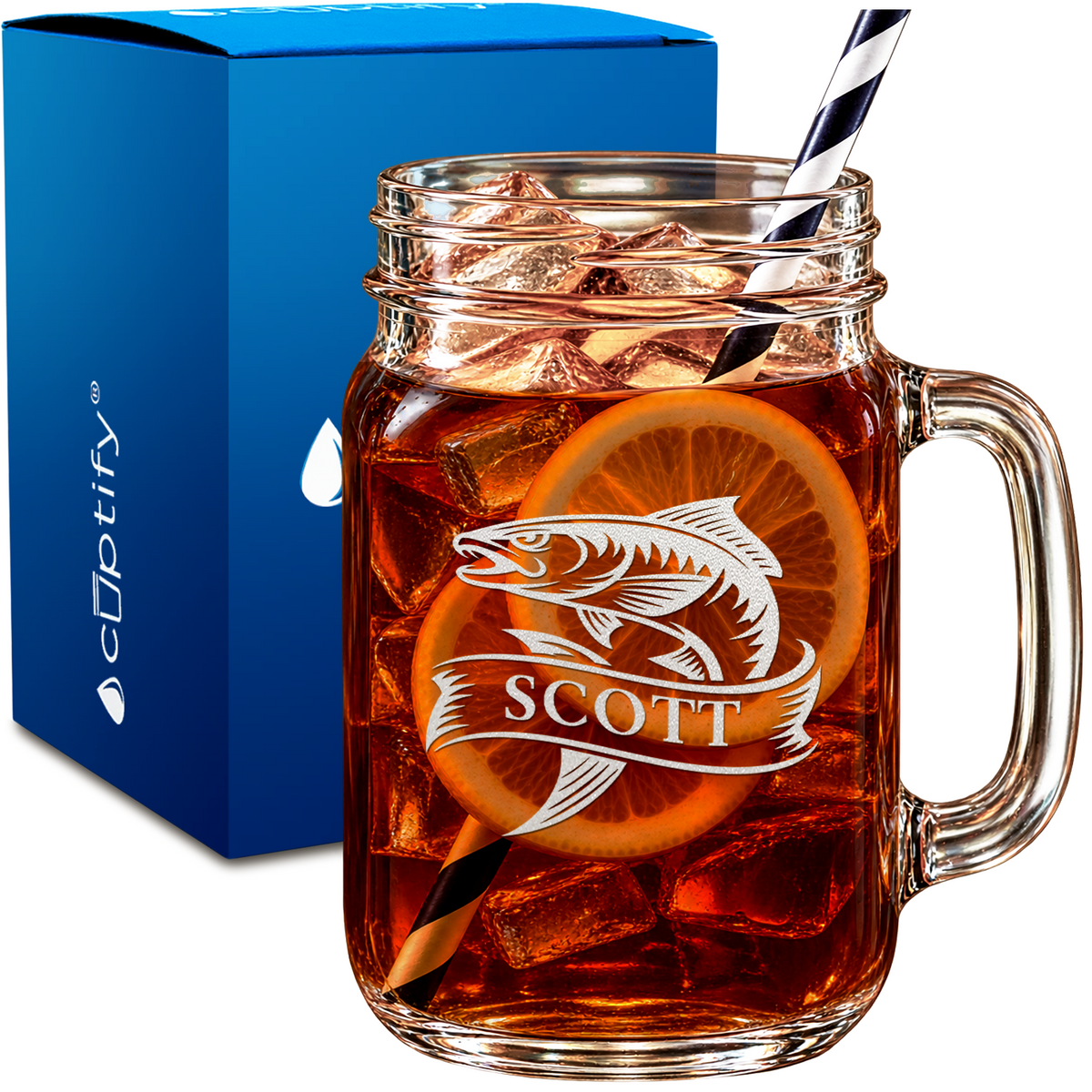Personalized Trophy Fish Banner design on 16oz Mason Jar Glass