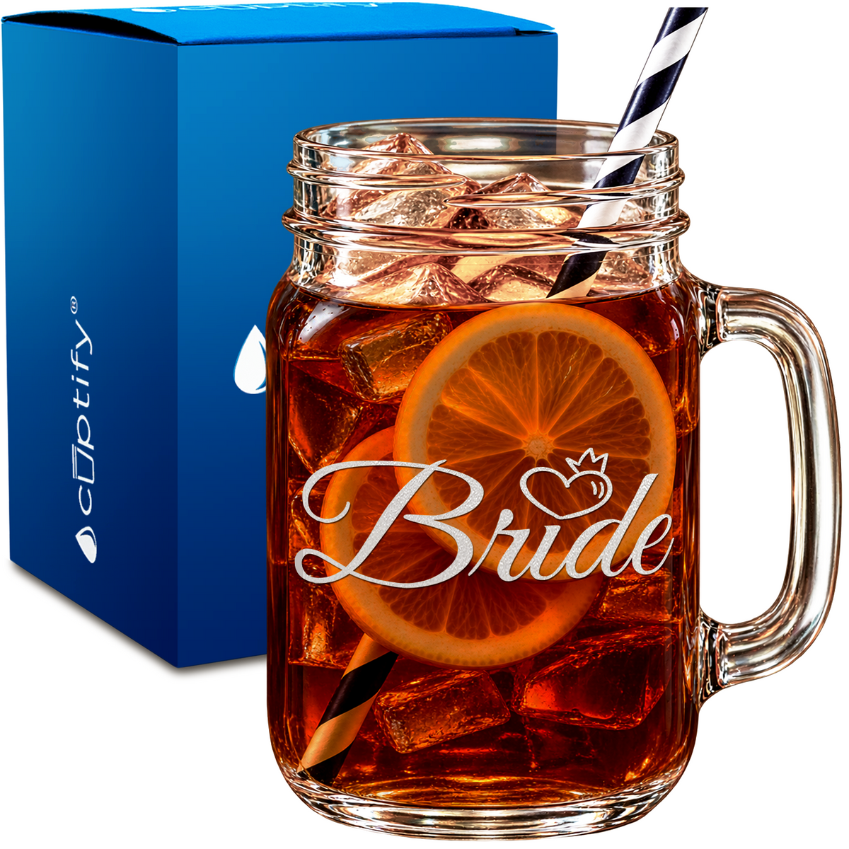Bride Crown Heart design on 16oz Mason Jar Glass