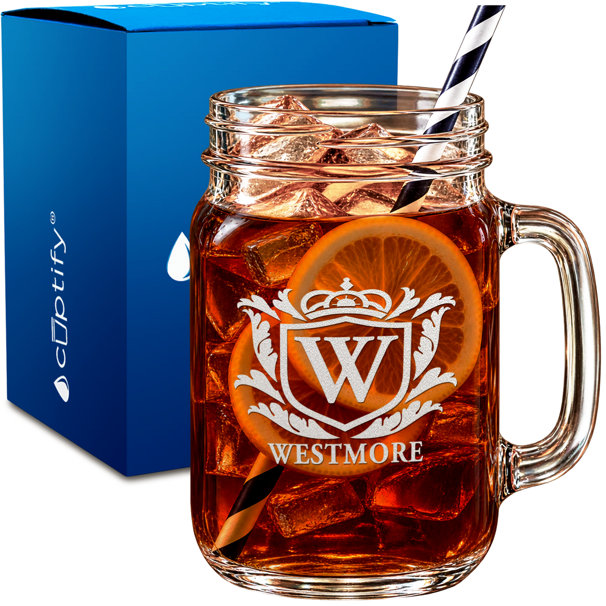 Personalized Monogram Crest design on 16oz Mason Jar Glass
