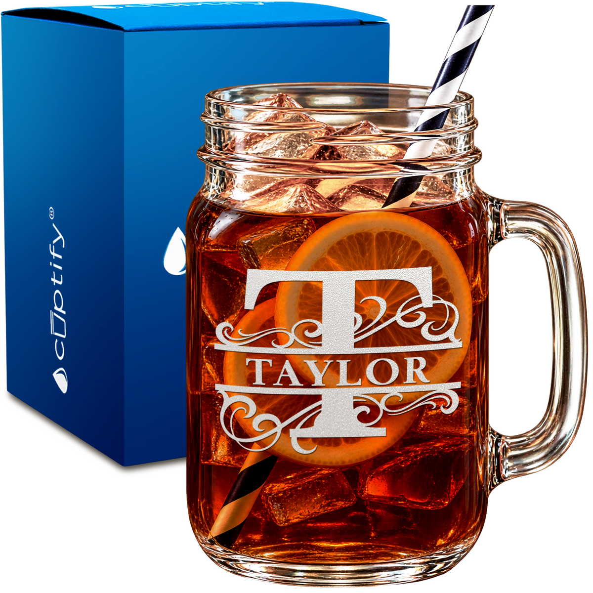 Vine Elegance Monogram design on 16oz Mason Jar Glass