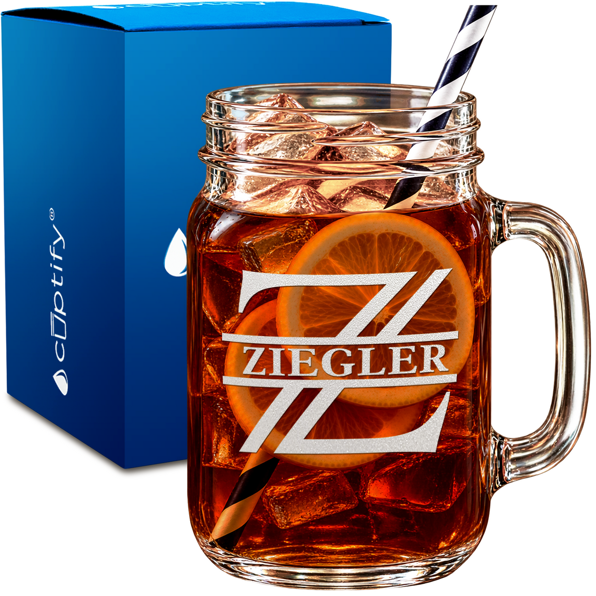 Contemporary Stacked Monogram design on 16oz Mason Jar Glass