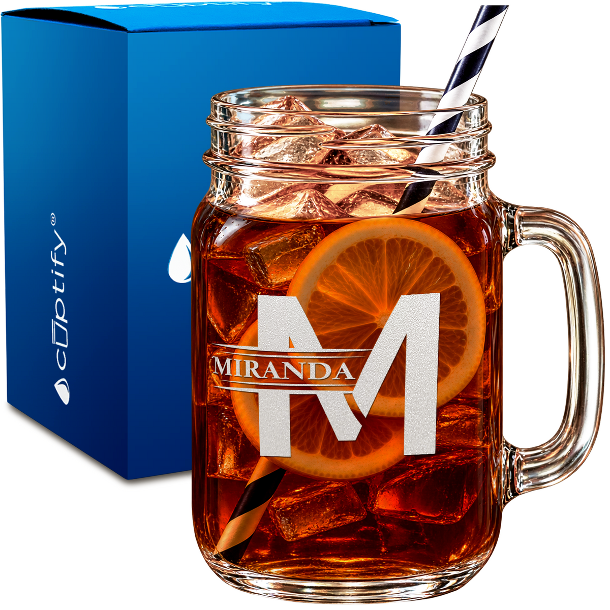 Modern Initial Monogram design on 16oz Mason Jar Glass