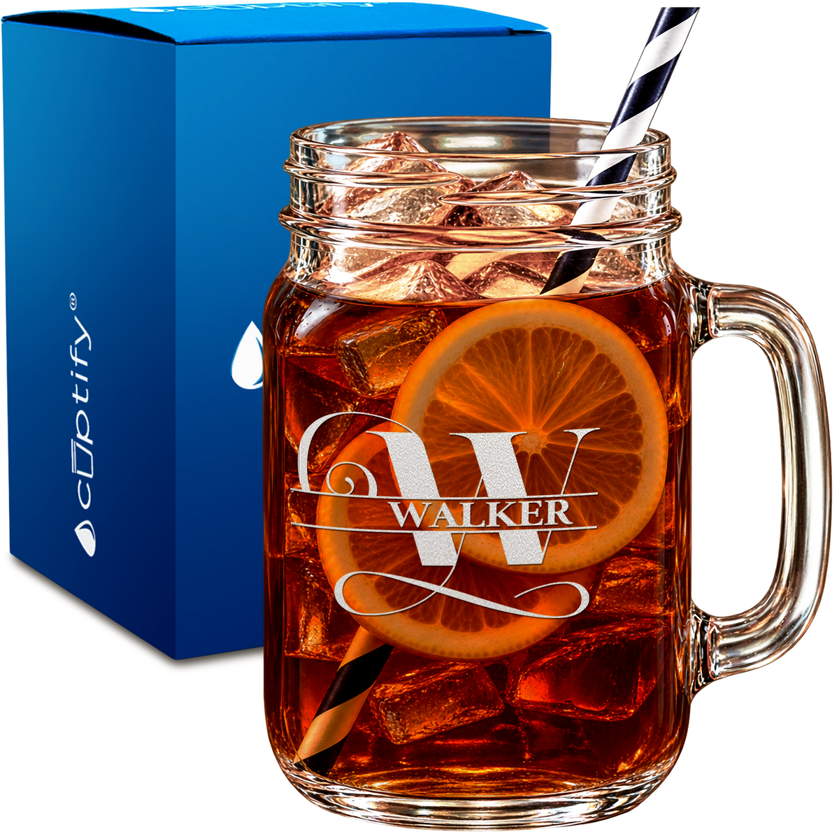 Calligraphy Swash Monogram design on 16oz Mason Jar Glass