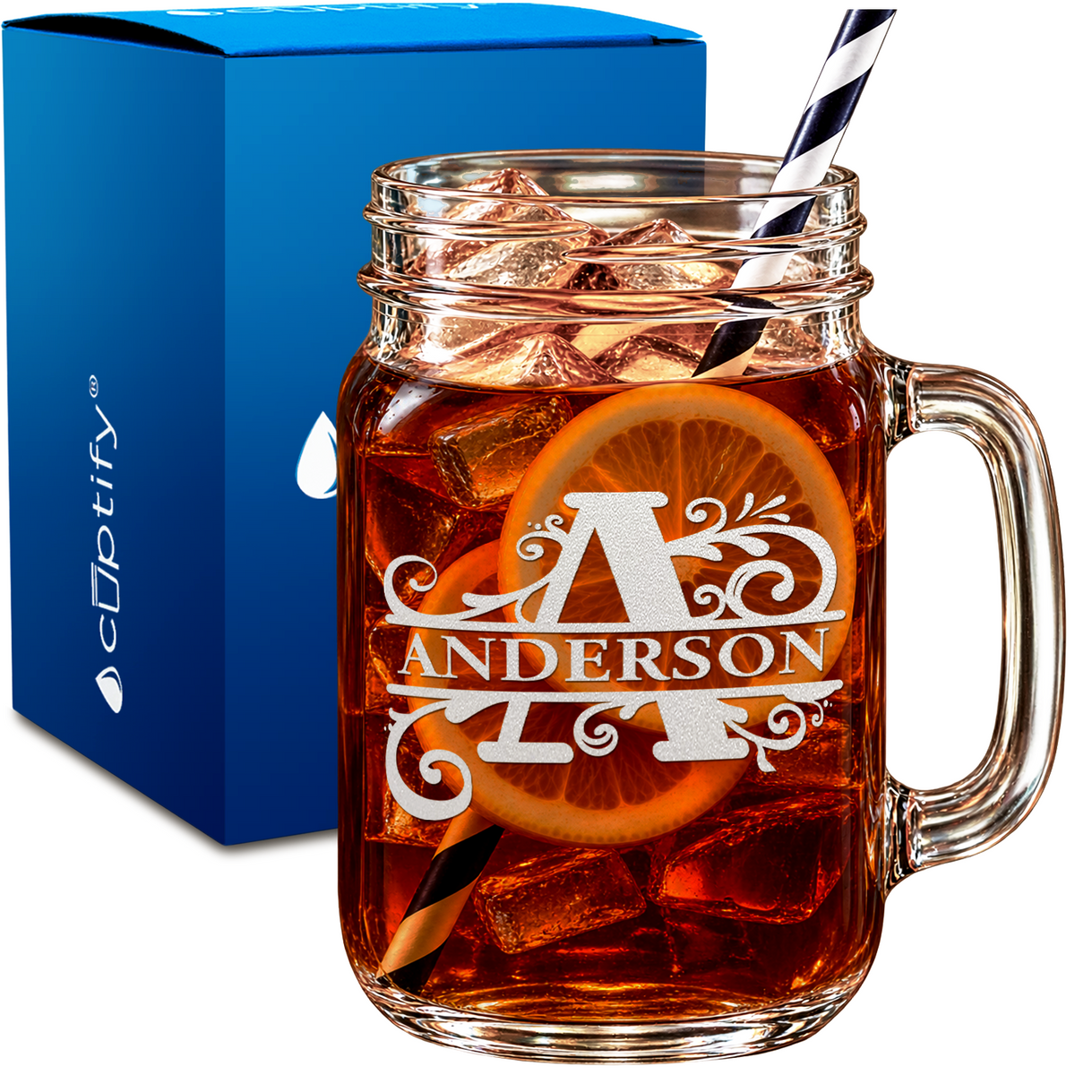 Flourished Split Monogram design on 16oz Mason Jar Glass